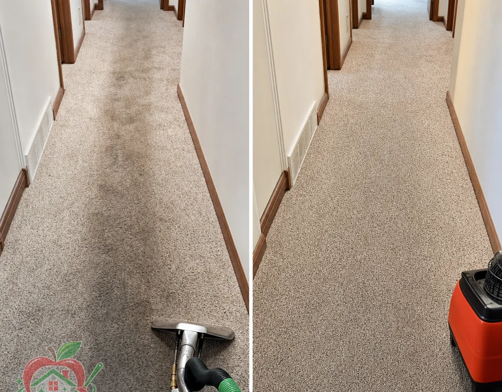 High-traffic hallway carpet before and after hot water extraction