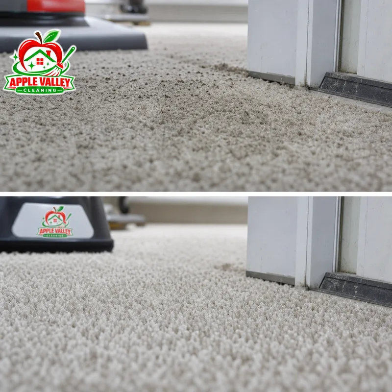 Cleaned carpet fibers with lifted pile and reduced embedded grit near an entry