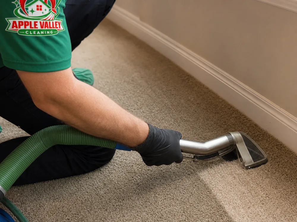 Hot water extraction wand making slow overlapping passes on carpet near a baseboard