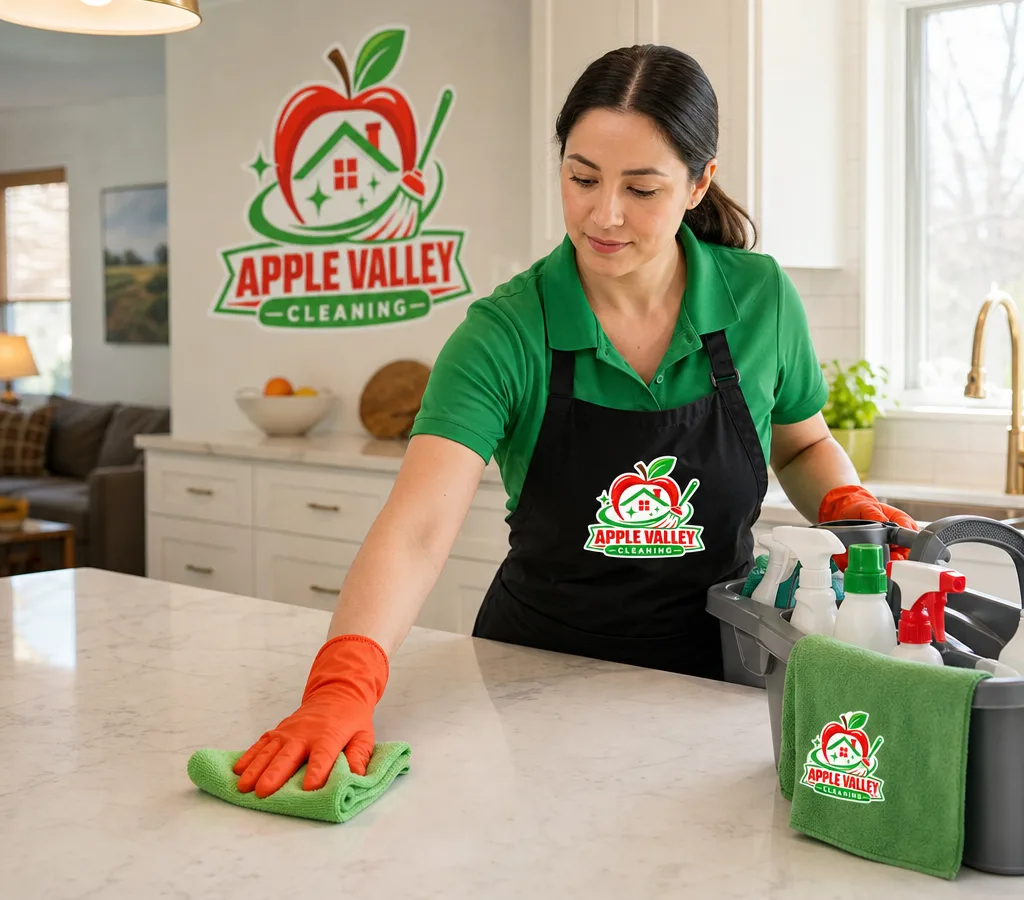 Professional cleaner wiping a bright kitchen counter in a lived-in Apple Valley home
