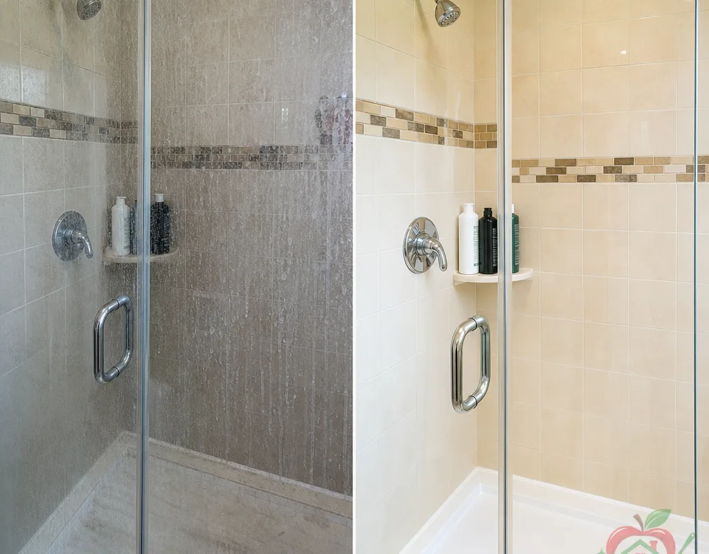 Shower surround before cleaning and after soap scum and water spots have been removed