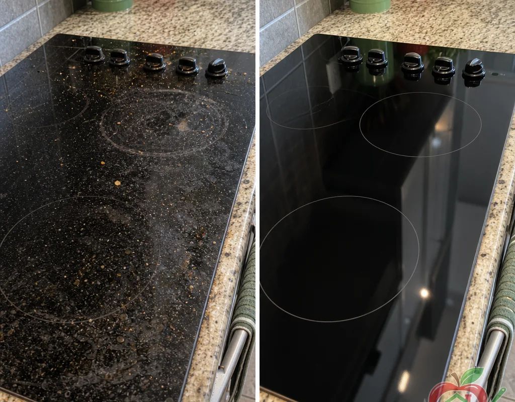 Kitchen cooktop and counters before cleaning and after a polished streak-free reset