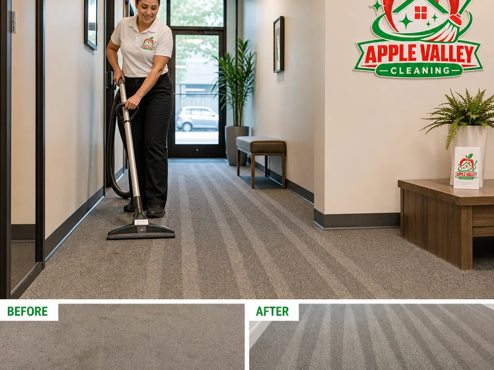 Clean office hallway with vacuum lines on carpet and detailed baseboards