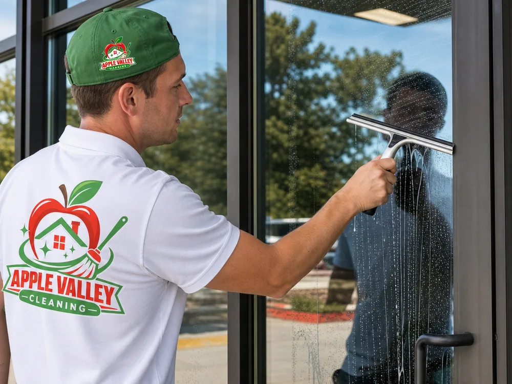 Close-up of a squeegee pass on a large commercial pane with clean edge work near the frame and door handle area