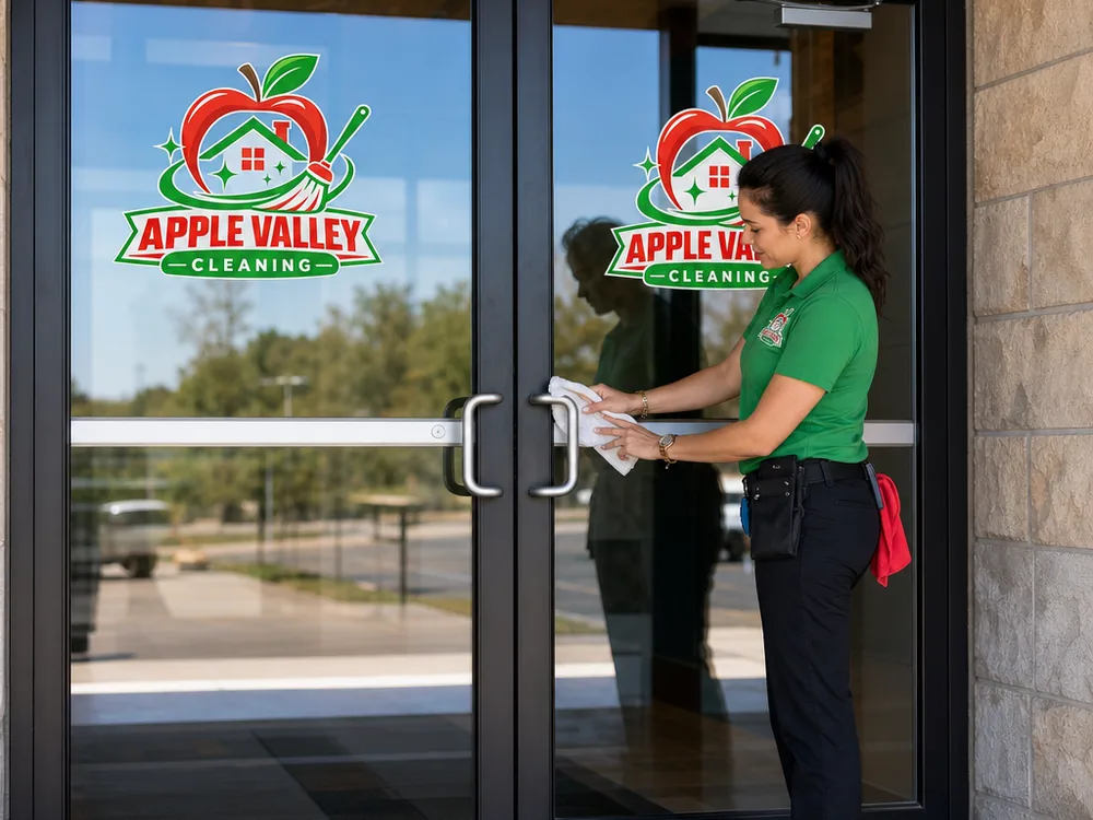 Clean commercial entry doors with spotless lower panels and a polished handle area