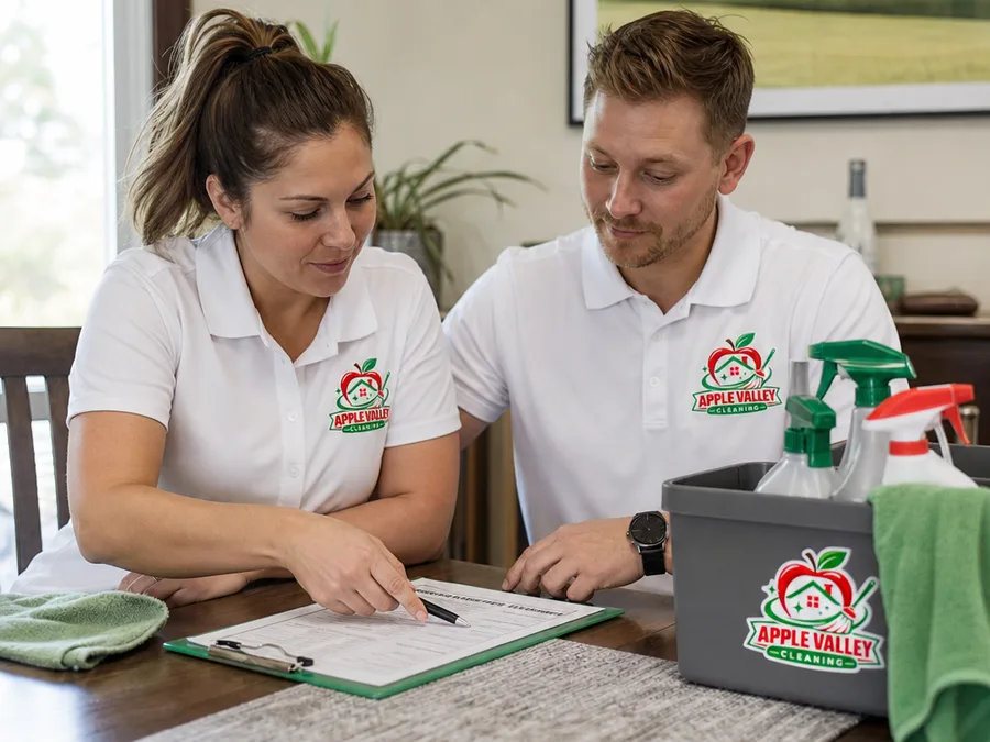 Two-person cleaning team reviewing a room checklist before a home cleaning visit